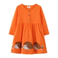 Vestido de algodón de manga larga para niña en naranja a lunares con bordado de erizo - 2T / Estilo de Lunares Naranjas (7882)