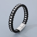Men's braided black leather bracelet with silver metal accents and magnetic clasp - Steel Color (KB179968-YA)