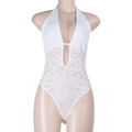 White lace halter jumpsuit with deep V-neck and floral sheer details for women - XS / White