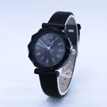 Minimalist jelly silicone watch for women with wavy bezel and black leather strap - Black