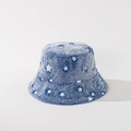 Detailed view of dark blue plush bucket hat featuring white stars for autumn and winter - M (56-58cm) / Blue Star