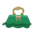 Green wavy leather handbag with metallic gold handle and decorative bow detail - Green