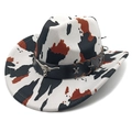 Classic Western cowboy hat with cow pattern design and silver bull head emblem detail - Fedora Top Cow Print White