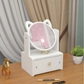 White cat-ear cosmetic organizer with drawer and mirror for vanity tabletop - Small Single Drawer Round Mirror