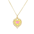 Golden heart necklace with pink butterfly pendant and lace edge on white background - Yellow