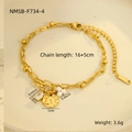 Detail view of gold titanium bracelet with pearl, zircon drop and textured coin pendants - NMSB-F734-4(Pearl) / Gold/White