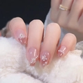 Short square gradient bean paste pink press on nails with 3D white flowers and pearls - Z510 Pink Brown Floral / Nail Glue Version