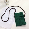 Detailed macro view of green pleated knit phone bag with brown rope shoulder strap - One Size / Army Green Bag + Black Rope