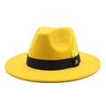 Detailed view of yellow wool felt fedora with black ribbon, feather and gold M logo - M (56-58cm) / Yellow