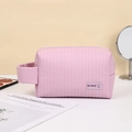 Pink minimalist cosmetic bag with vertical texture and convenient carrying handle - Casual Pillow Shape Organizer (X-218) / Purple