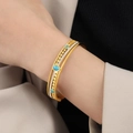French vintage gold plated cuff bracelet with turquoise and zircon hollow design - Blue Turquoise Gold