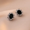 Silver stud earrings with oval black cubic zirconia and white crystal halo details - Vintage Black Stone Surround Style (E0596)