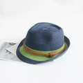 Detail of navy woven straw jazz hat for kids with green trim and brown rope knot - 52cm (2-7 Years) / Beige and Navy