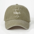 Detailed view of Good Vibes Only embroidery on washed cotton olive green baseball cap - One Size / Dark Khaki
