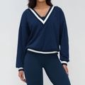 Navy blue V-neck sports sweatshirt and leggings set with white stripe accents - S / Navy Blue
