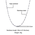 Primer plano de cadena de acero inoxidable pulido de 0,3 cm con datos técnicos - Color Acero