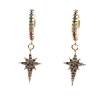 Detailed macro view of gold-plated star hoop earrings with colorful gemstone inlays - Colorful Gemstone Octagram Hoop