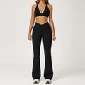Women's matte black yoga set with V-neck sports bra and crossover flare leggings - 2044 Bra + 2030-2 Flared Pants - Premium Black