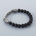 Buddhist style lava stone bead bracelet with silver buddha heads and metal chain link - Lava Rock Cuban Chain Patchwork Style (KB69729-BD)