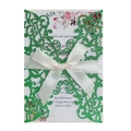 Elegant green glitter laser-cut wedding invitation with white ribbon and floral inlay - Glitter Dark Green
