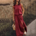 Mouwloze bordeauxrode maxi-jurk met ronde hals en zijsplit voor de zomer - S / Dresses / Wijnrood