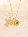 Golden necklace with cross pendant and green evil eye sun charm on beige stone - Gold Necklace with Cross and Green Gem Eye Pendant (26-3)