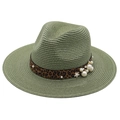 Detail of light green straw fedora with leopard print ribbon and pearl floral accents - Army Green