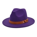Close-up of purple wide-brim fedora hat featuring double brown leather bands and metal rivets - M (56-58cm) / Purple