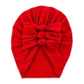Soft red cotton baby turban hat featuring three decorative bows on a white background - Red