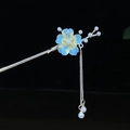 Antike Haarnadel mit blauer Emailleblume, silbernen Quasten und weißen Perlen - Blau-Gelb Farbverlauf Blume Künstliche Perle Quaste Stil (0555)