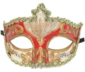 Vintage Venezianische Maske in Rot und Gold mit Notenmuster und goldener Borte für Partys - Einheitsgröße / Rot