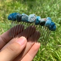 Handmade silver hair comb with blue natural raw crystal stones wrapped in wire - Blue Apatite Silver Comb Silver Wire