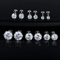 Three pairs of silver stainless steel stud earrings with round cubic zirconia in varied sizes - 6-Prong Style (3mm-8mm)