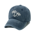 Washed navy denim baseball cap with white summer palm tree embroidery for sun protection - Navy Blue