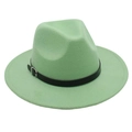 Close-up of mint green felt fedora with black leather band and silver buckle detail - One Size / Green
