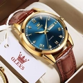 Orologio al quarzo OLEVS da uomo con cassa dorata, quadrante blu e cinturino in pelle marrone - Quadrante Blu Pelle Marrone Uomini