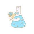 Cute flask metal pin with blue liquid and flower on white background - Personified Flask with Bouquet