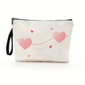 White canvas makeup bag with pink heart pattern and black wrist strap with metal zipper - Scattered Hearts (Style 3) / 17*25cm (Linen) with Strap