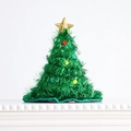 Green tinsel Christmas tree hat with colorful pompoms and a gold star top - Double Layer Green Without Light Gold Star