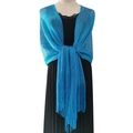 Bright blue metallic shawl with long fringe and sparkling knit for evening dresses - Lake Blue