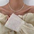 French retro baroque rice pearl necklace with 14K gold-filled clasp worn by model - Medium Rice Pearl