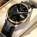 Business watch with black dial, gold case, and black leather strap featuring date display - Two-tone Case Black Dial Black Leather Strap