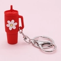 Mini red silicone tumbler keychain with daisy flower relief and silver key ring - Red Flower Cup Keychain