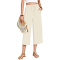 Detail of high waisted linen pants with elastic drawstring waist and breathable fabric - S / White