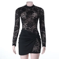 Elegant black lace long sleeve bodycon dress with asymmetric ruffles and sheer mesh detail - XS / Black