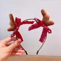 Weihnachts-Rentier-Geweih-Haarreif mit brauner Beflockung und roten Schleifen - 14# Rentiergeweih Stirnband