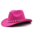 Detail of rose red felt cowboy hat featuring a white and gold shell decorative band - Rose Red
