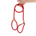 Detail view of a heavy duty red braided nylon P-rope slip lead dog leash held by hand - 6mm*150cm / Red