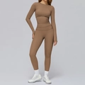 Ensemble de yoga 2 pièces marron pour femme avec manches passe-pouce et legging taille haute - S / Top And Bottom (Manches Longues + Legging) / Brun Mocha