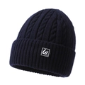 Winter navy blue knitted beanie with cable knit pattern and stylish brand label - Navy Blue